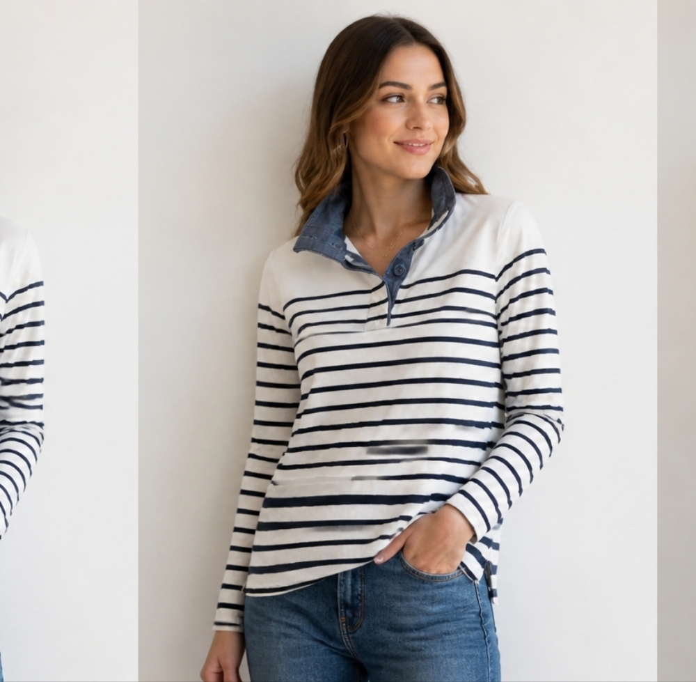 L.L.Bean Nautical Navy & White Striped Pullover Shirt
